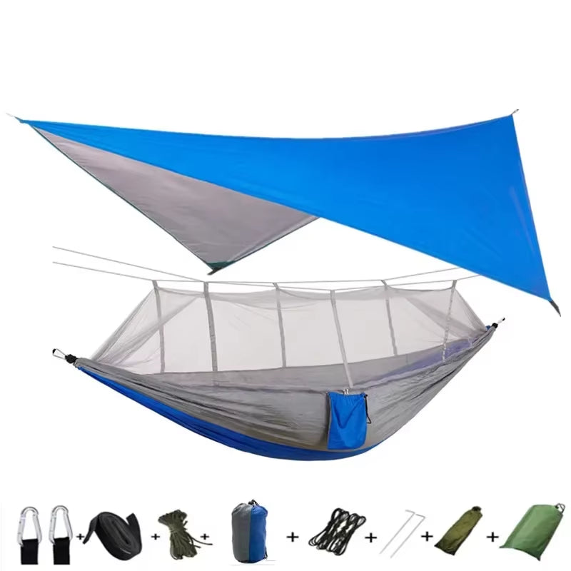 Premium Lightweight Portable Camping Hammock with Waterproof Tent Awning Rain Fly Tarp and Mosquito Net Canopy, Made from Durable 210T Nylon