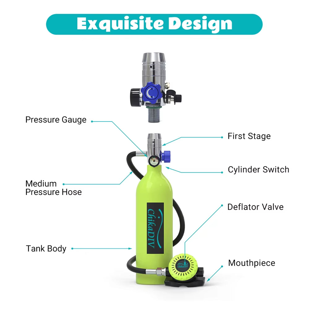 C400 Mini Scuba Tank Oxygen Cylinder Refillable 1L Capacity Diving Gear Diver Portable Diving Snorkeling Equipment