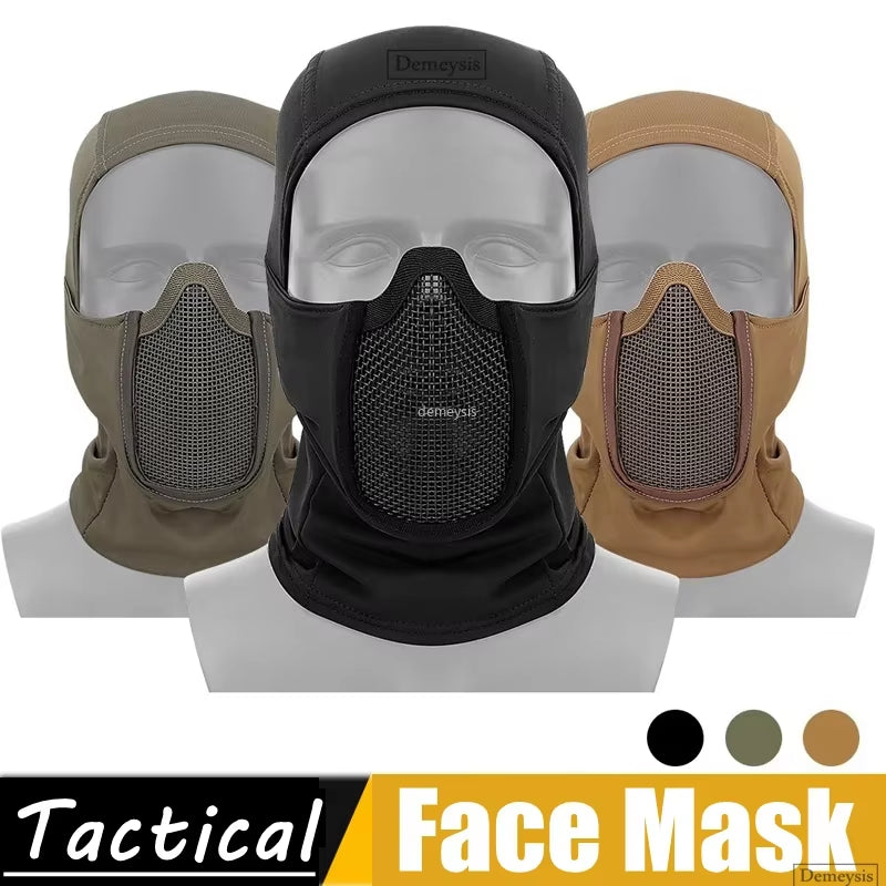 Tactical Balaclava Mesh Mask Airsoft Paintball Full Face Protection Ninja Style Hood Steel Metal Mask Foldable Design