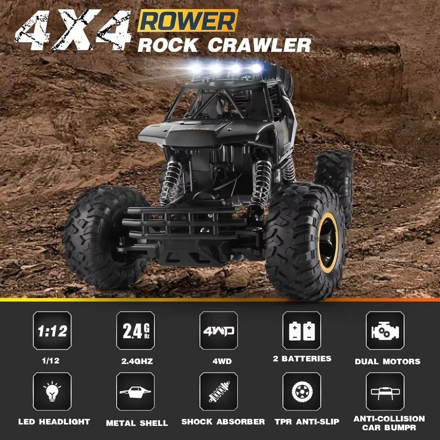 4WD 37CM Remote Control Off-Road RC Car - Super Alloy 4X4 Climbing Truck Buggy RTR Electric Vehicle for Children
