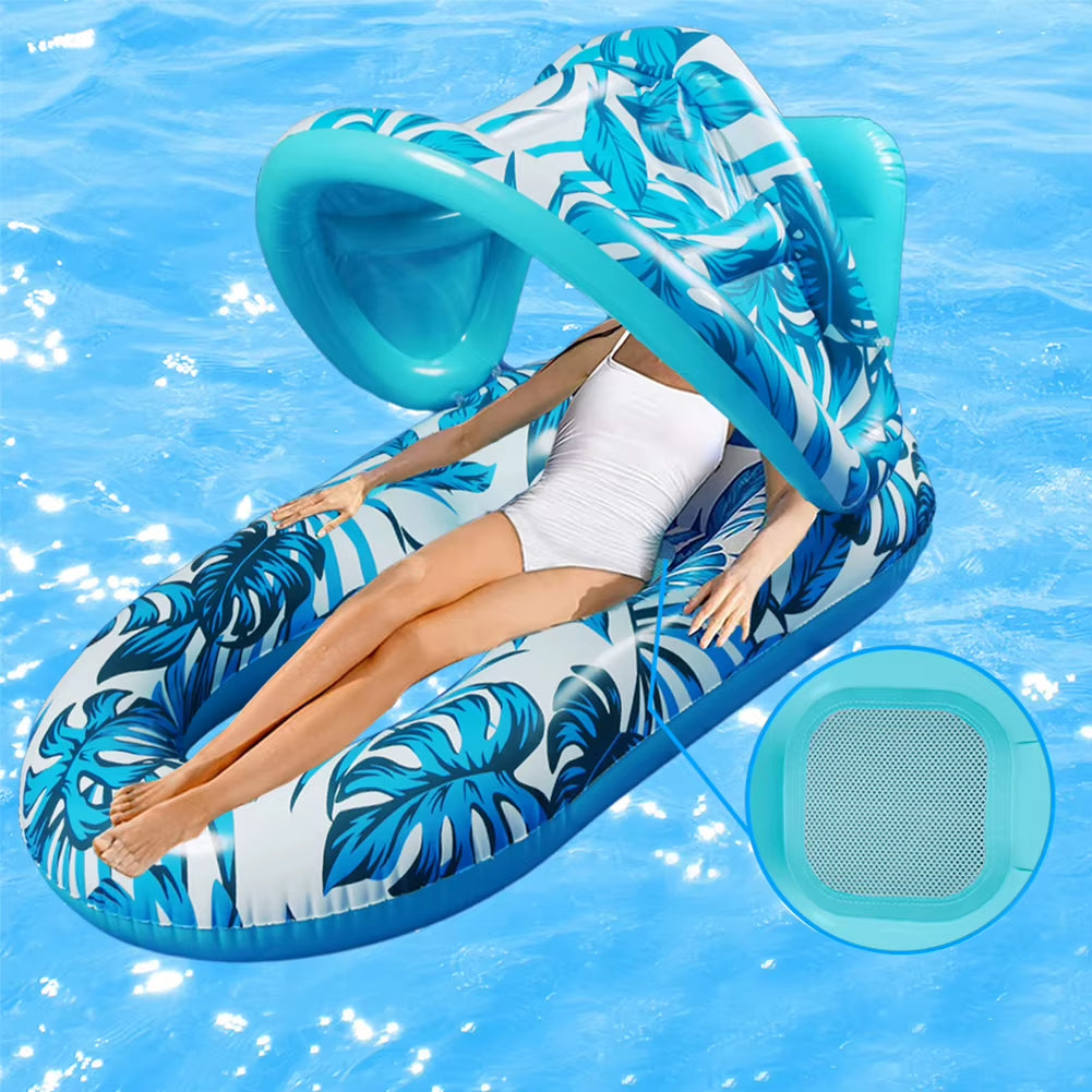 Premium Beach Folding Hammock with Sunshade and Inflatable Water Sleeping Bed - PVC Floating Lounger Air Mattress for Outdoor Swimming Activities