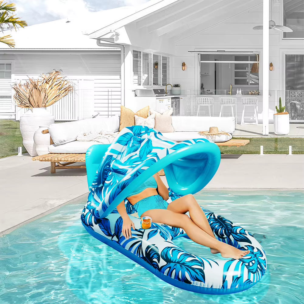 Premium Beach Folding Hammock with Sunshade and Inflatable Water Sleeping Bed - PVC Floating Lounger Air Mattress for Outdoor Swimming Activities
