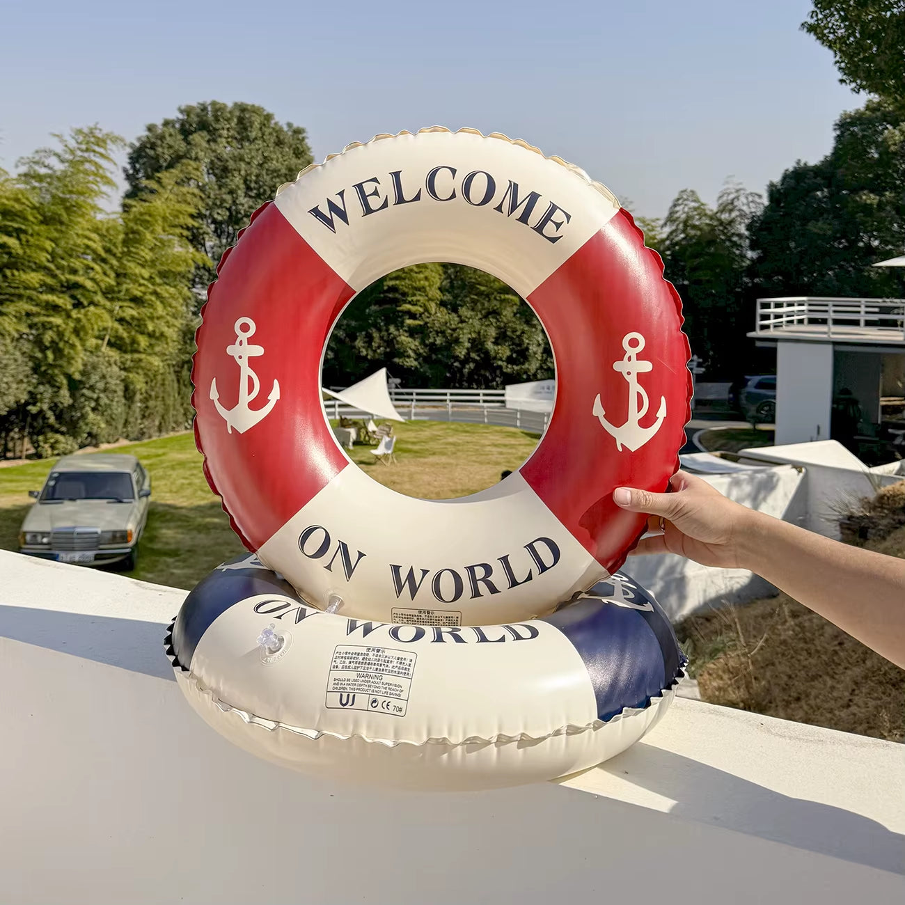 Retro Boat Anchor Women's Swimming Ring - Inflatable Lifebuoy for Adults, Floating Pool Raft with Handrail for Leisure Beach Use
