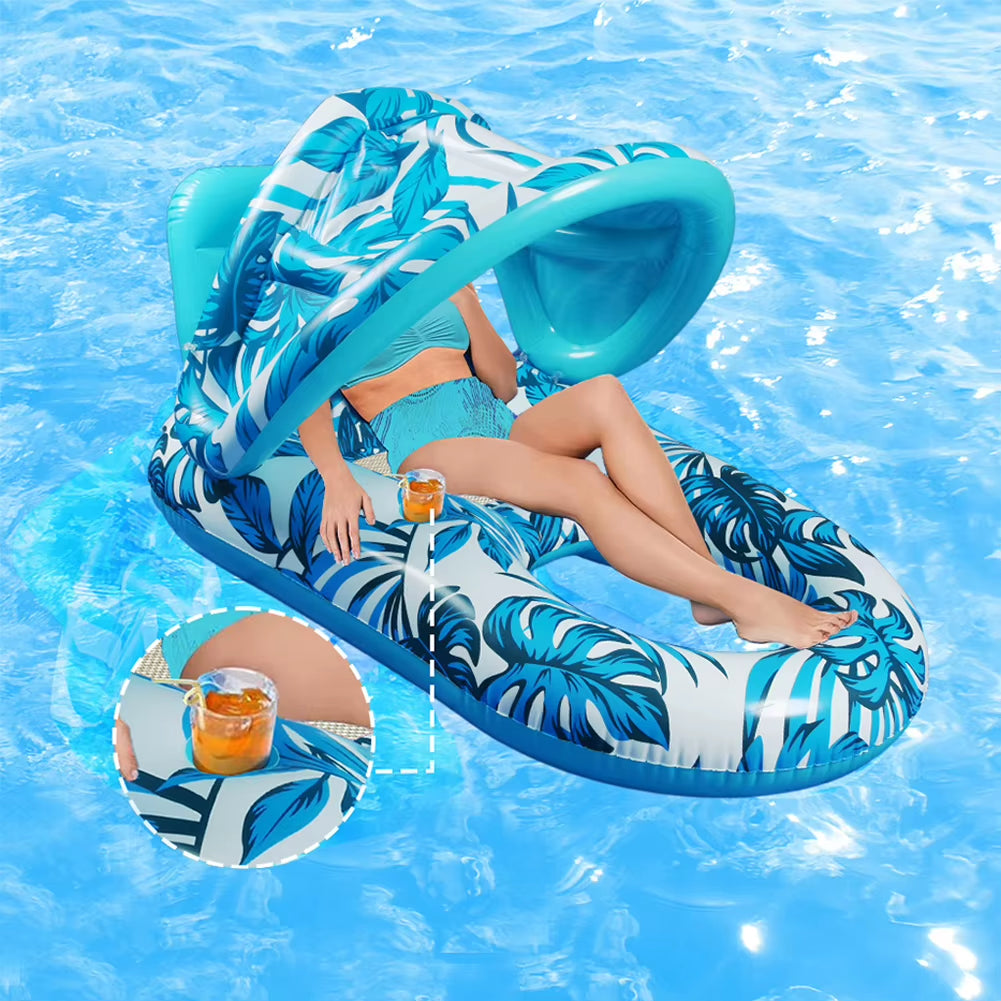 Premium Beach Folding Hammock with Sunshade and Inflatable Water Sleeping Bed - PVC Floating Lounger Air Mattress for Outdoor Swimming Activities