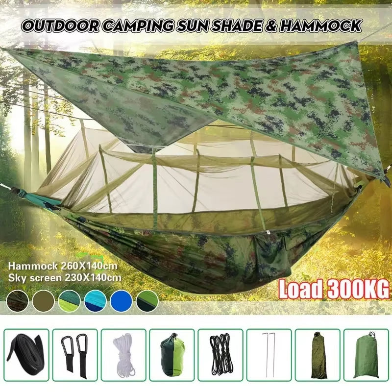 Premium Lightweight Portable Camping Hammock with Waterproof Tent Awning Rain Fly Tarp and Mosquito Net Canopy, Made from Durable 210T Nylon