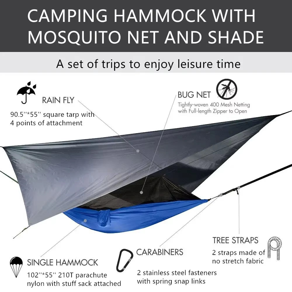 Premium Lightweight Portable Camping Hammock with Waterproof Tent Awning Rain Fly Tarp and Mosquito Net Canopy, Made from Durable 210T Nylon