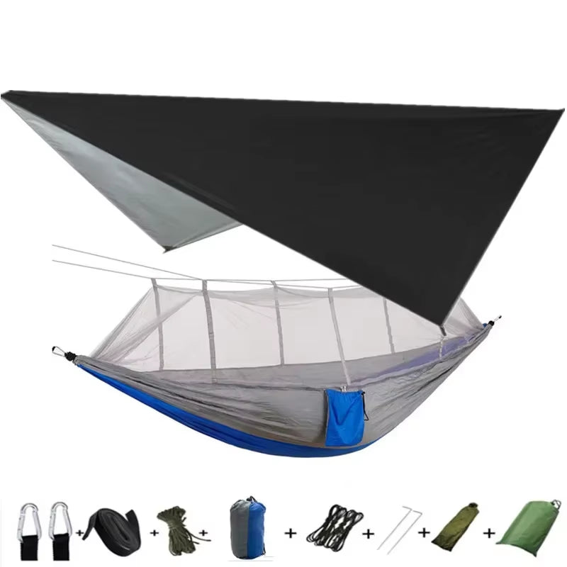 Premium Lightweight Portable Camping Hammock with Waterproof Tent Awning Rain Fly Tarp and Mosquito Net Canopy, Made from Durable 210T Nylon
