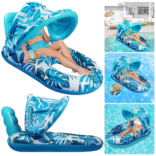 Premium Beach Folding Hammock with Sunshade and Inflatable Water Sleeping Bed - PVC Floating Lounger Air Mattress for Outdoor Swimming Activities
