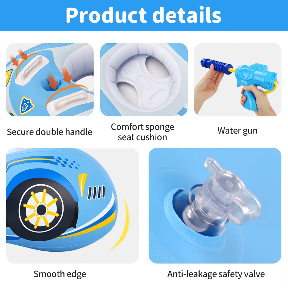 Inflatable Car Swimming Seat for Kids with Handle - Floating Pool Toy with Water Gun for Summer Fun