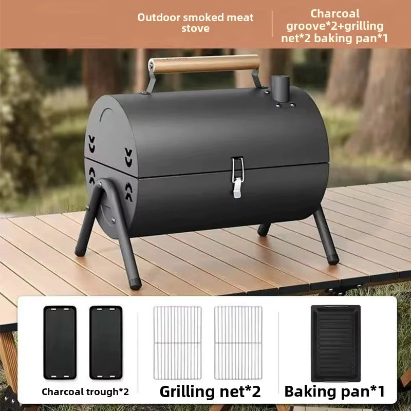 Portable Double-Sided Zibo Barbecue Grill Home Use Wood Charcoal Outdoor Camping Smoke Ring Cooker Dual Purpose Grill