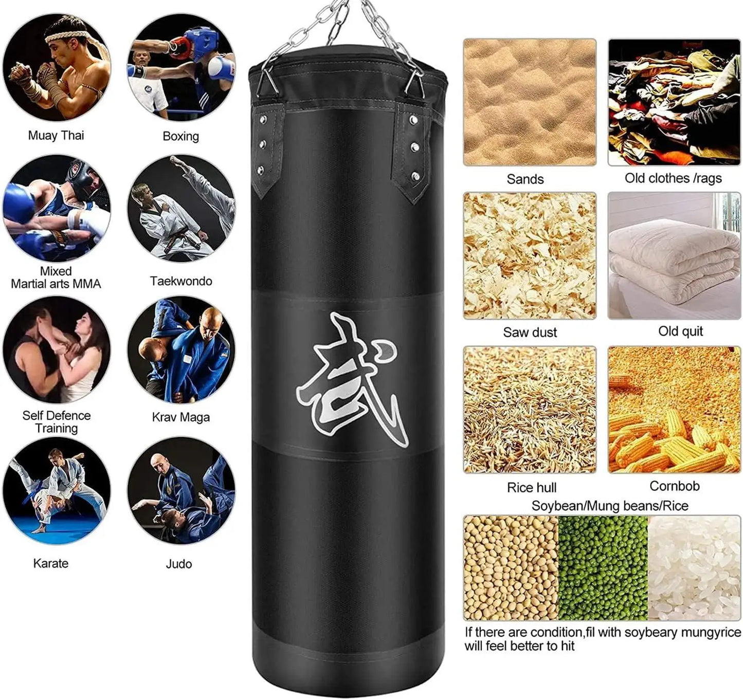 Punch Sandbag Durable Boxing Heavy Punch Bag with Metal Chain Hook Carabiner Fitness Training Hook Kick Fight Karate Taekwondo