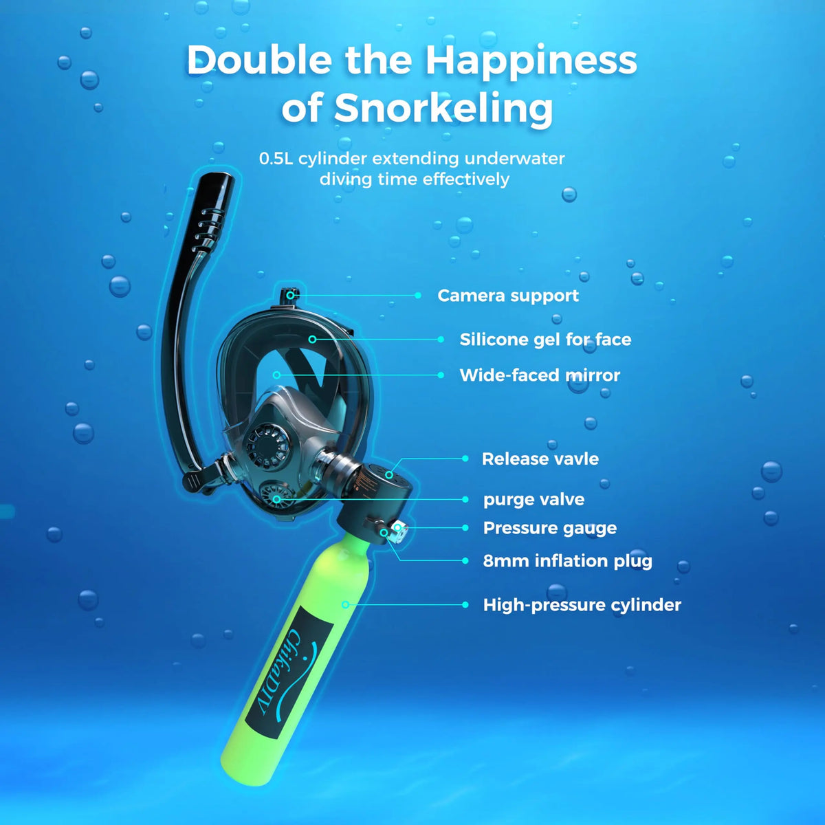 Dive into Adventure with ChikaDIV's Ultimate Underwater Snorkel Party Pack – Mini-Oxygen Tank, Hand-Pump, and Snorkel Mask Included!
