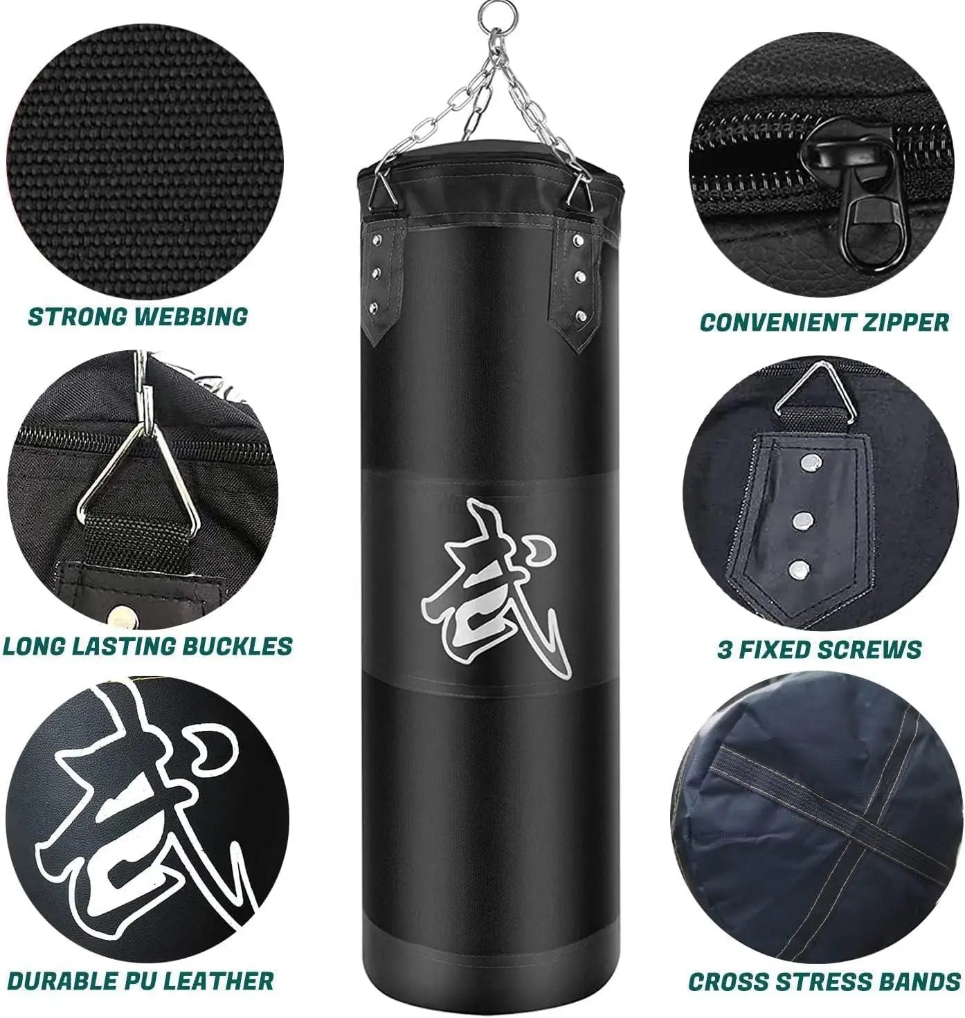 Punch Sandbag Durable Boxing Heavy Punch Bag with Metal Chain Hook Carabiner Fitness Training Hook Kick Fight Karate Taekwondo